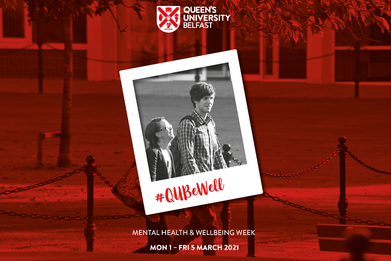 Two people walking through the quad of the Main Site, with a polaroid over their faces. Text reads 