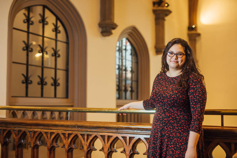 Image of Pelin on balcony of Black & White Hall, Lanyon Building 