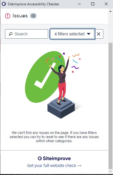The Siteimprove Extension window showing no accessibility issues with the web page