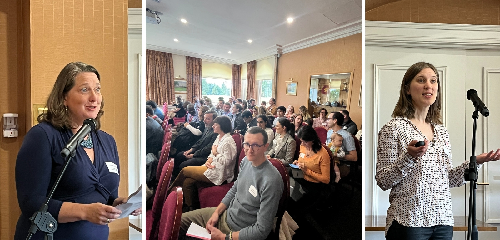 Postdoc Showcase 2022, showing Professor Emma Flynn, group of postdocs seated in large room, and Dr Alice Dubois