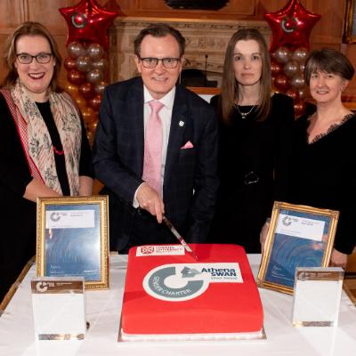 (L-R) Prof Adrienne Scullion, Pro-Vice-Chancellor, AHSS; Prof Ian Greer, President and Vice-Chancellor; Prof Karen McCloskey, Director QGI and Prof Carmel Hughes, Head of School of Pharmacy