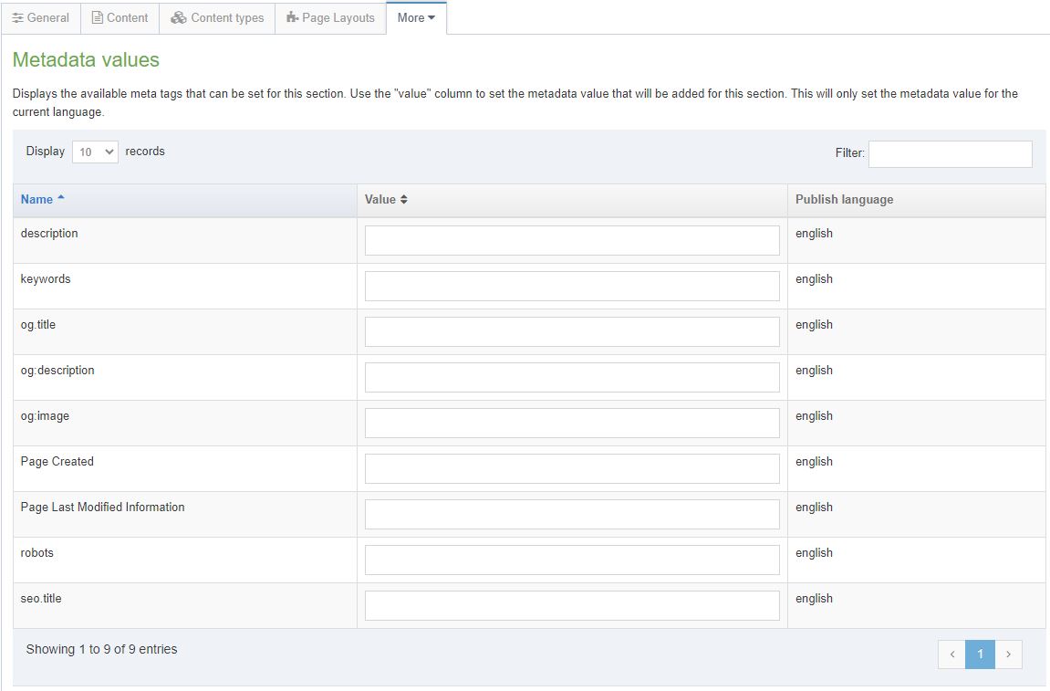 The Metadata Description and Keywords fields in the Metadata tab of the section general properties