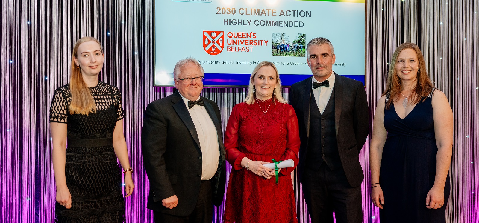 Rachel Vaughan, Micheal Alcorn and Sara Lynch, Queen's University Belfast, pictured with Adam Clarke (The Energy Consortium) and Jo Allat (UKRI) after being awarded 'Highly Commended' awards at the 20th anniversary Green Gown Awards 2024.