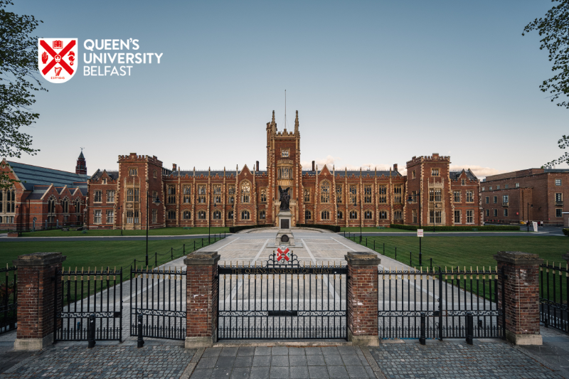 Queen's University Belfast viewed from outside the front gates. Image includes Queen's University Belfast brand logo.