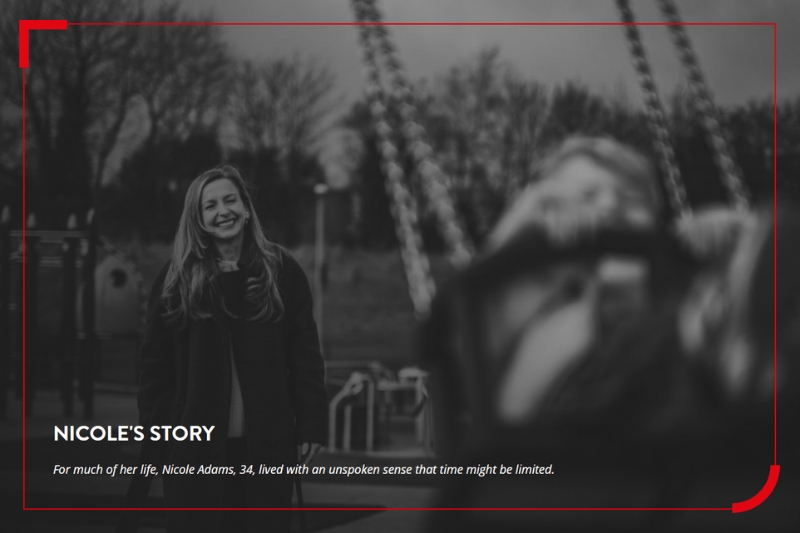 black and white photo of a woman smiling behind a play park swing with the words 'Nicole's Story' and subtext overlaid at the bottom of the image.