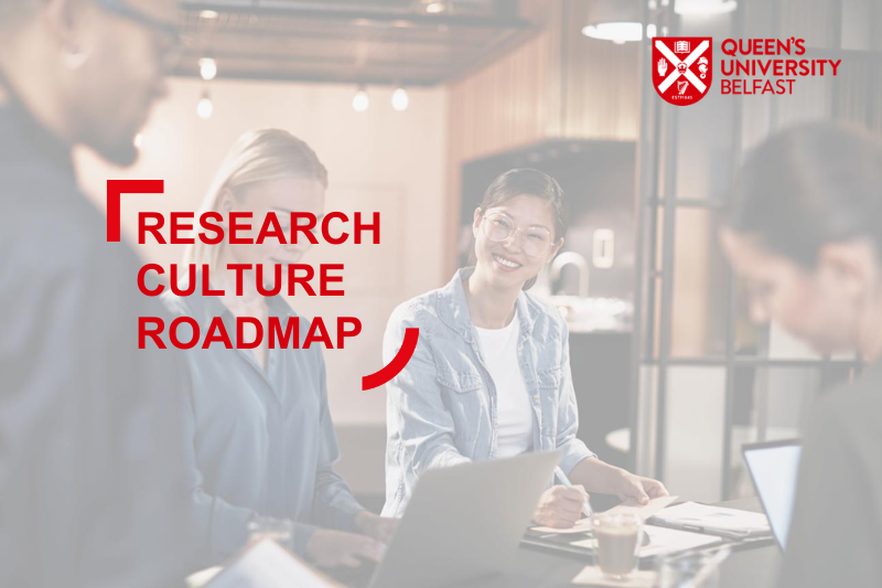 Four standing people working at laptops in an informal office - one woman is smiling at the other people. Text over the image reads 'Research Culture Roadmap' plus Queen's University Belfast logo.