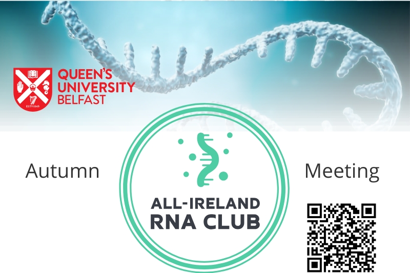 promo graphic for the All-Ireland RNA Club Autumn meeting 2024, including image of RNA strand, Queen's University Belfast and RNA Club logos and QR code to register for the event.