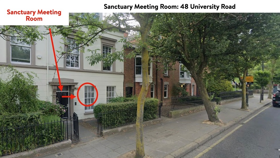 48 University Road, with arrow indicating Queen's University Belfast's Sanctuary Seminar Room